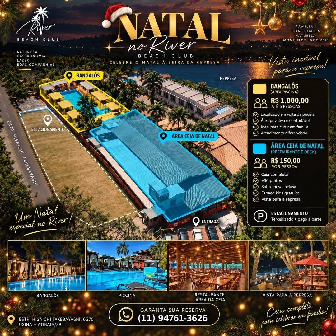 Mapa do River com área dos bangalôs, área da ceia de Natal e estacionamento